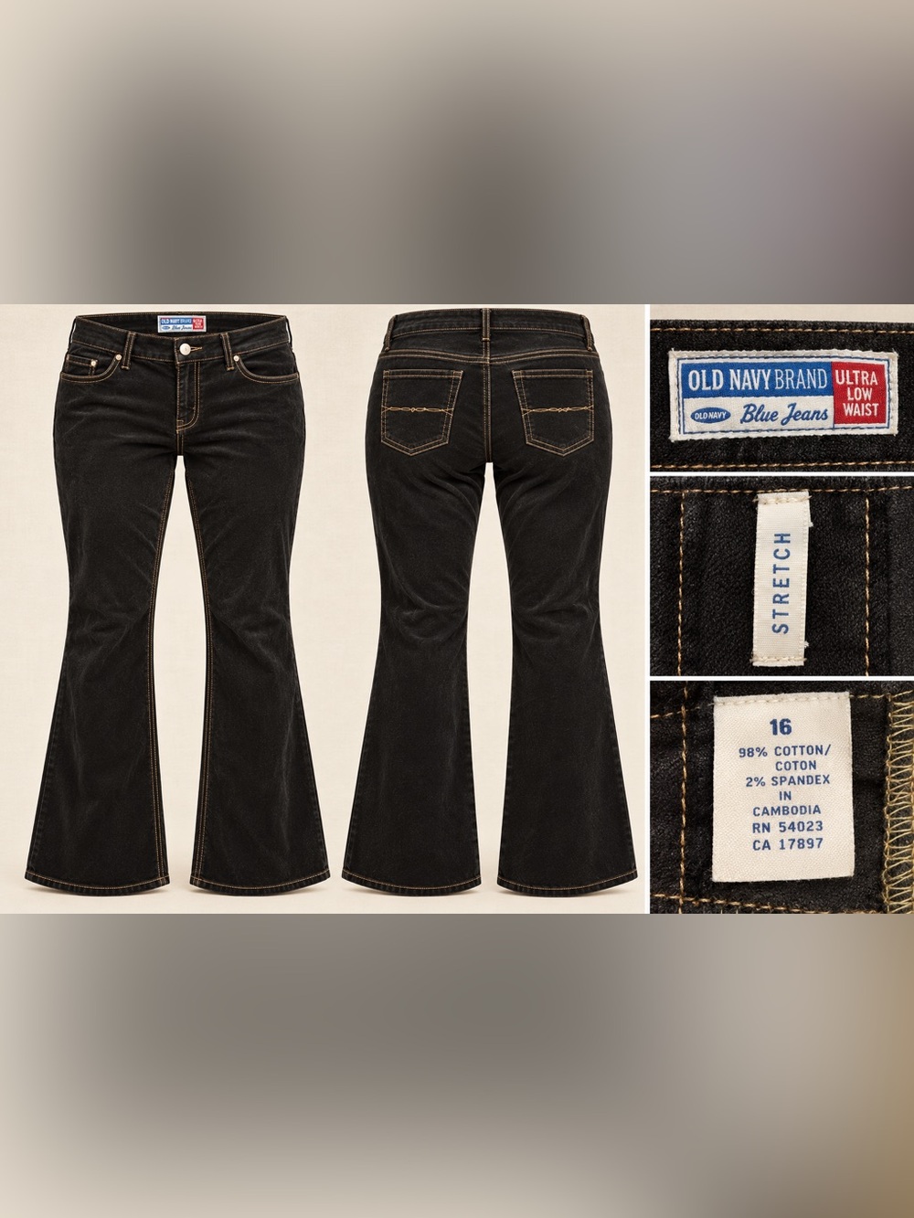Old Navy Ultra Low Waist Flare Jeans Black Waist 16